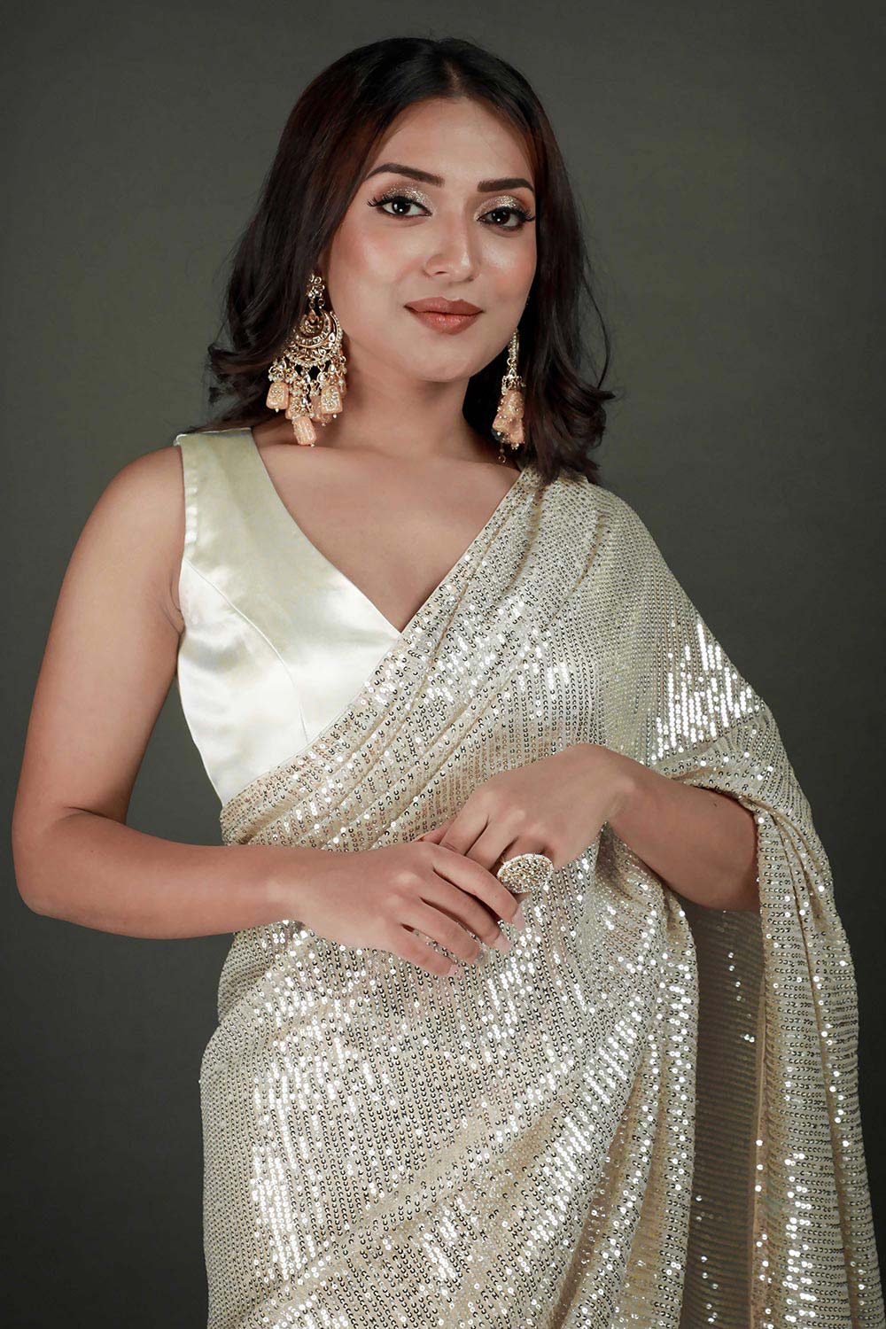 Bella Cream Net Sequins Ready to Wear One Minute Saree