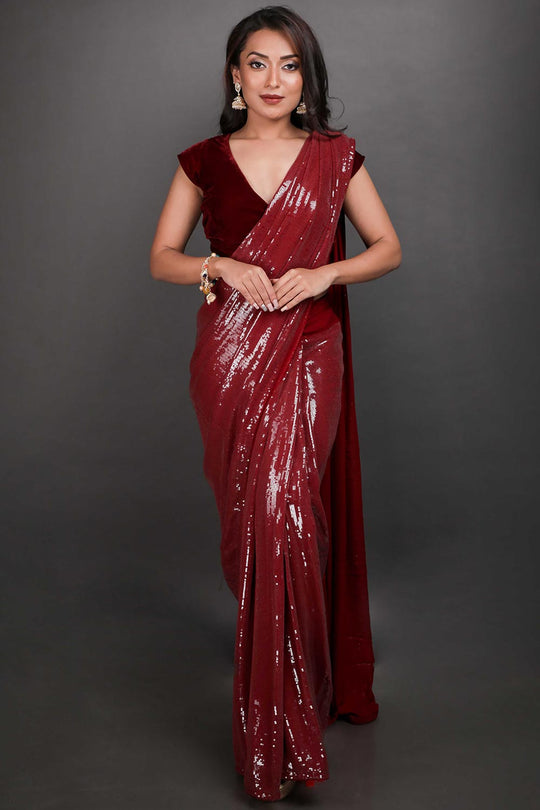 Kanchan Burgundy Viscose Sequins Ready to Wear One Minute Saree