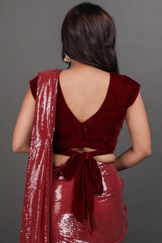 Kanchan Burgundy Viscose Sequins Ready to Wear One Minute Saree