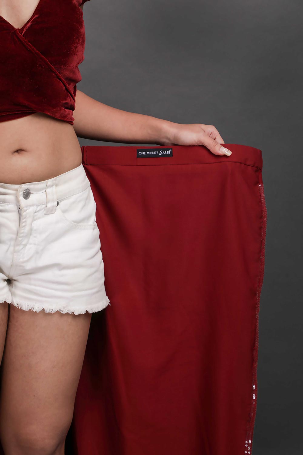 Kanchan Burgundy Viscose Sequins Ready to Wear One Minute Saree