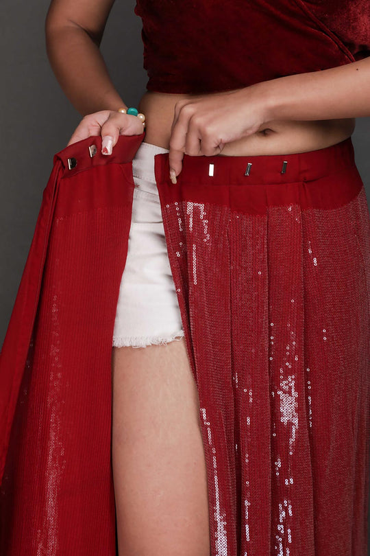 Kanchan Burgundy Viscose Sequins Ready to Wear One Minute Saree