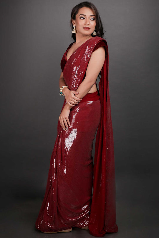 Kanchan Burgundy Viscose Sequins Ready to Wear One Minute Saree