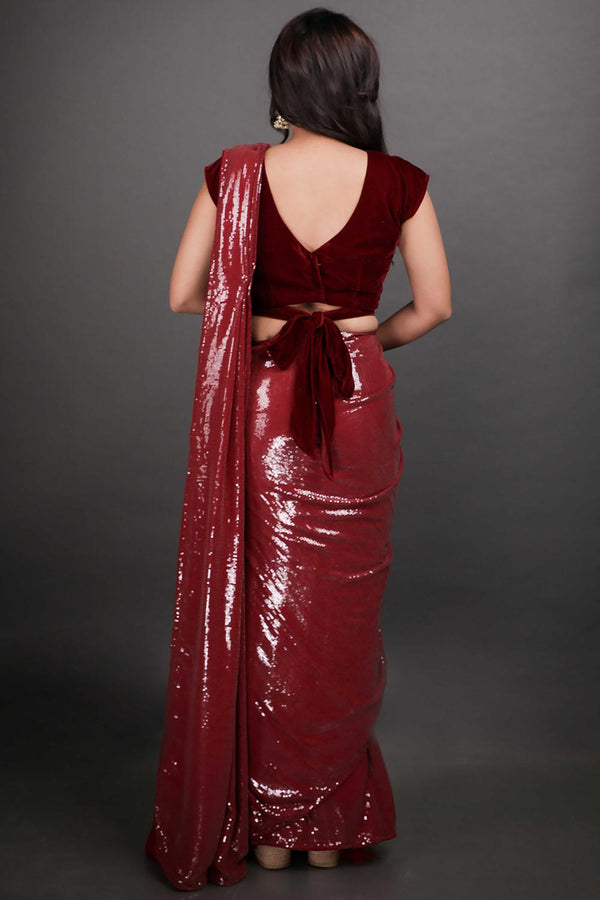 Kanchan Burgundy Water Sequins One Minute Saree
