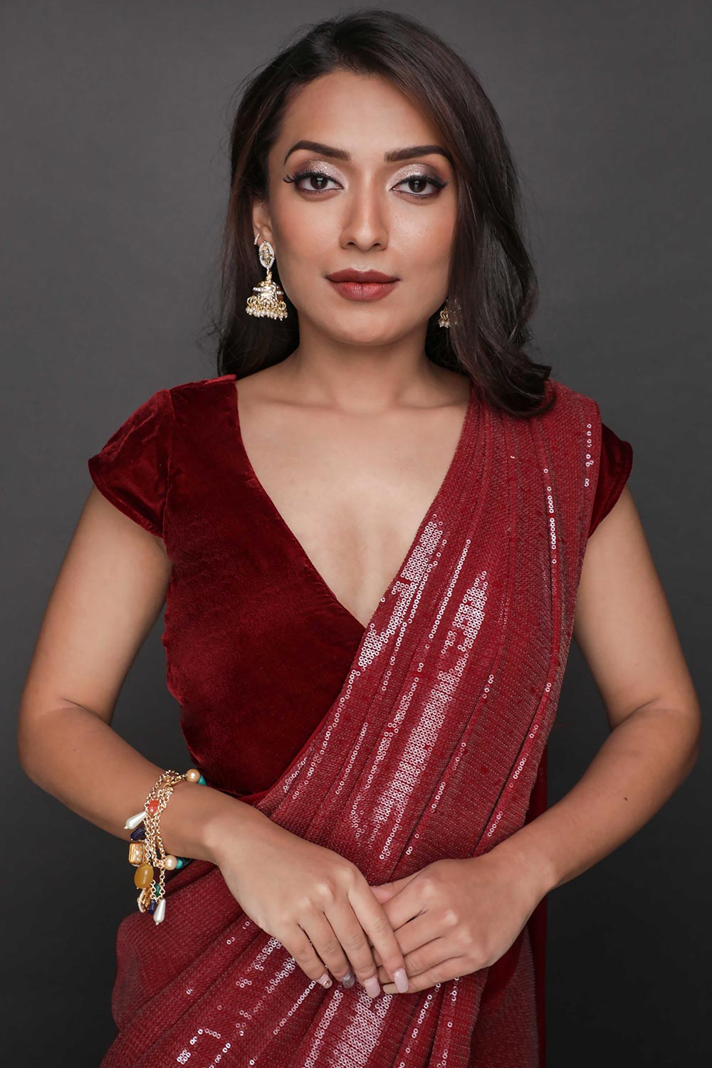 Kanchan Burgundy Viscose Sequins Ready to Wear One Minute Saree