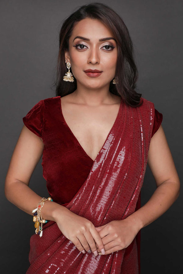 Kanchan Burgundy Water Sequins One Minute Saree