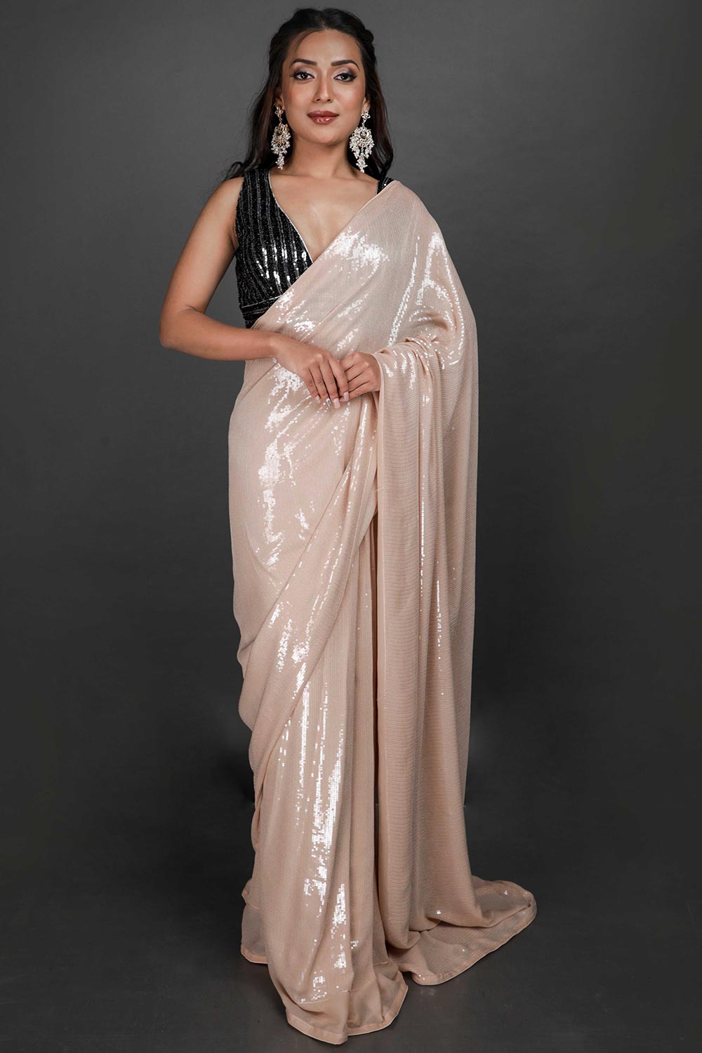 Pippa Beige Viscose Georgette Water Sequins One Minute Saree