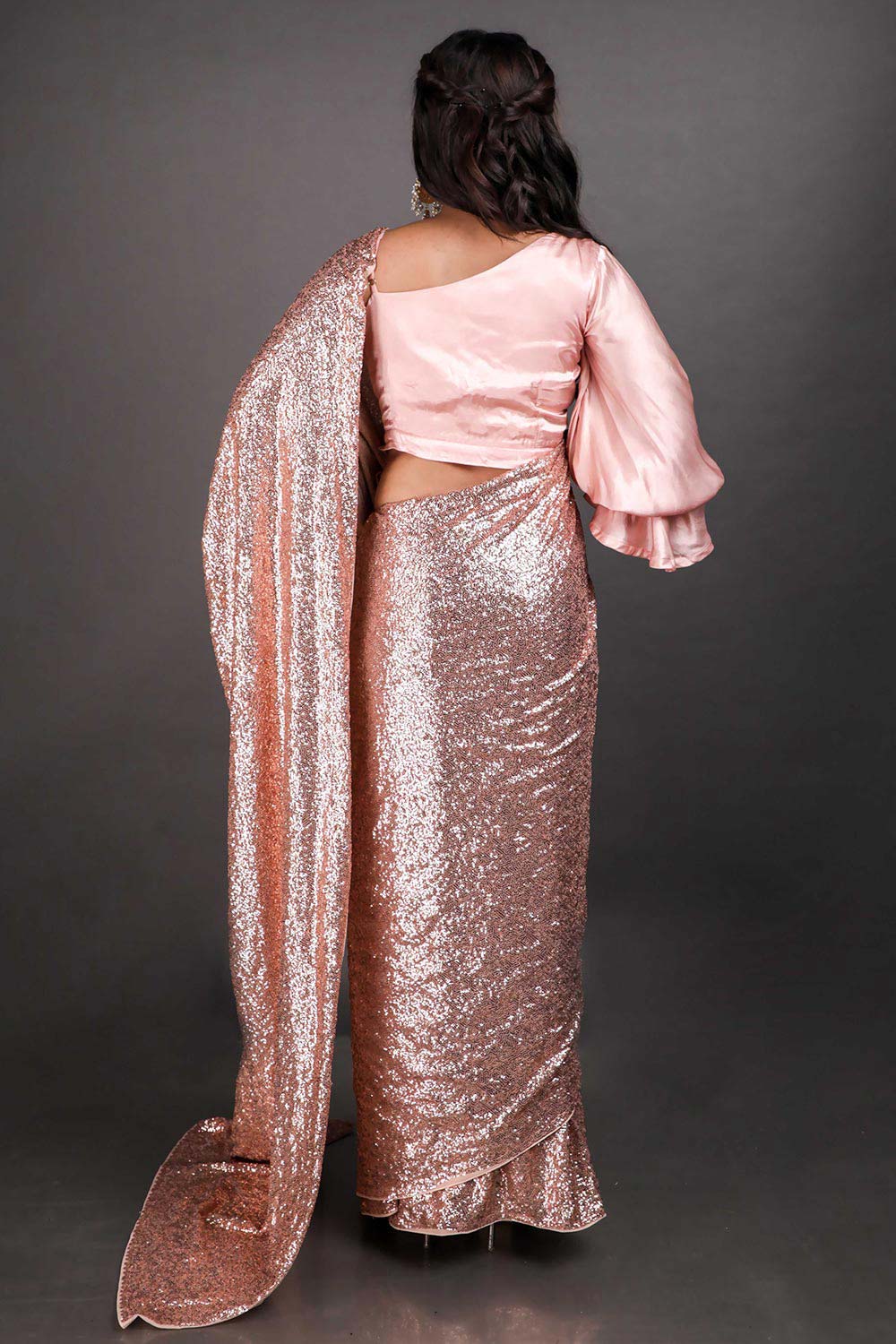 Ujas Rose Gold Scattered Sequins One Minute Saree
