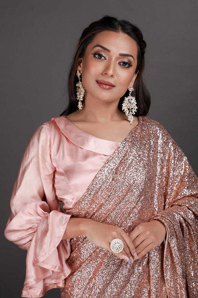 Ujas Rose Gold Scattered Sequins One Minute Saree