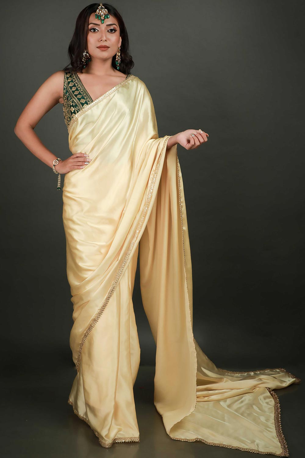 Cassandra Cream Satin Gold Trim One Minute Saree