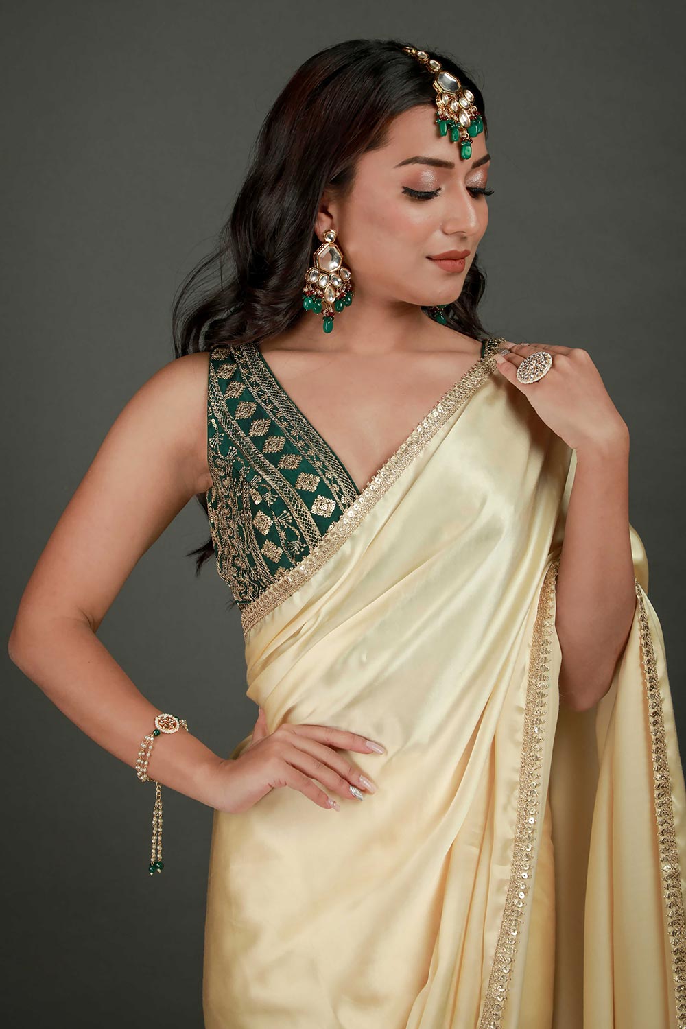 Cassandra Beige Satin Sequin Ready to Wear One Minute Saree