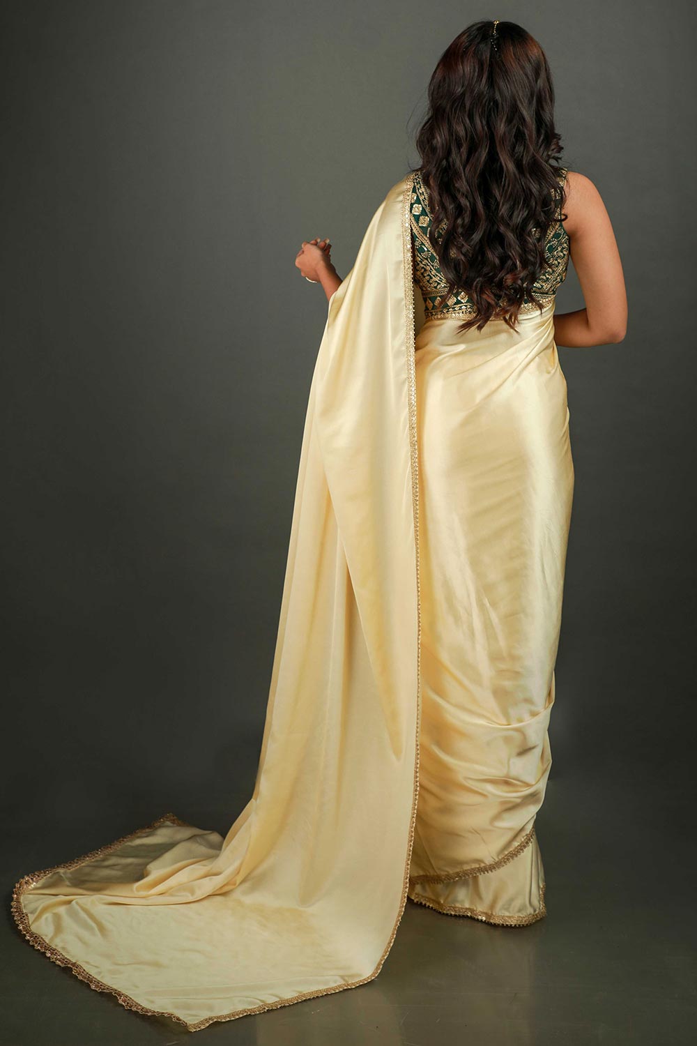 Cassandra Beige Satin Sequin Ready to Wear One Minute Saree