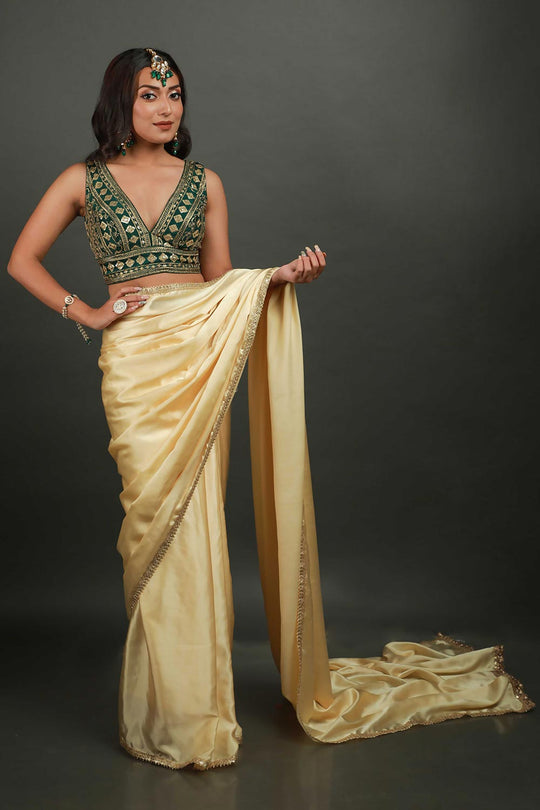 Cassandra Beige Satin Sequin Ready to Wear One Minute Saree