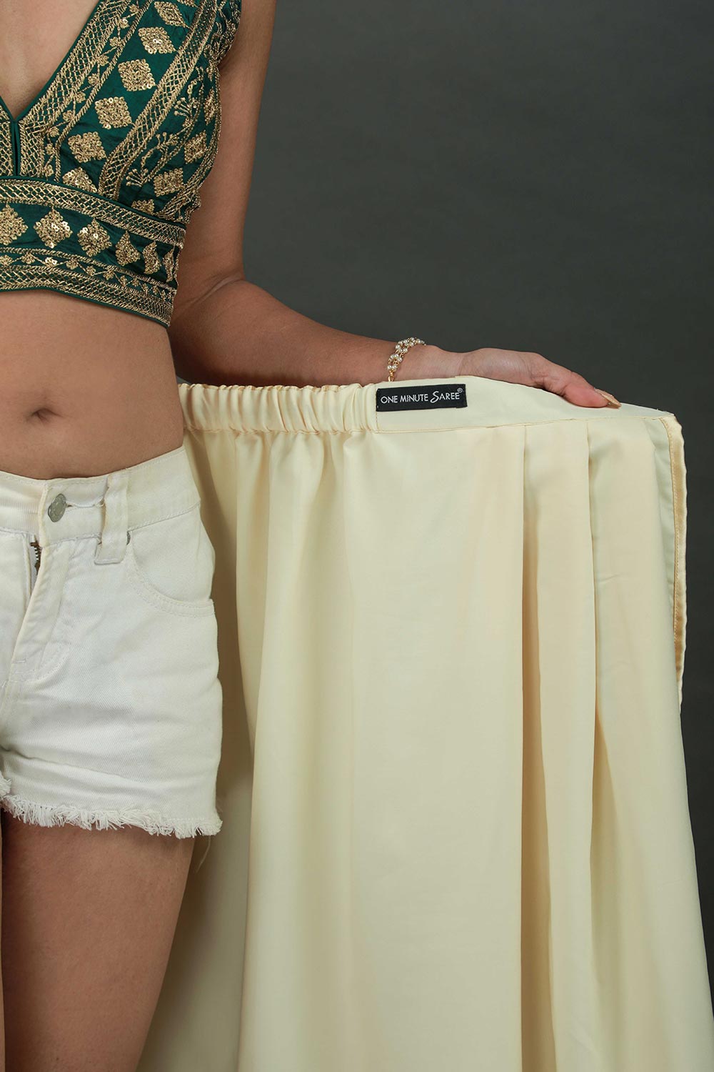 Cassandra Beige Satin Sequin Ready to Wear One Minute Saree