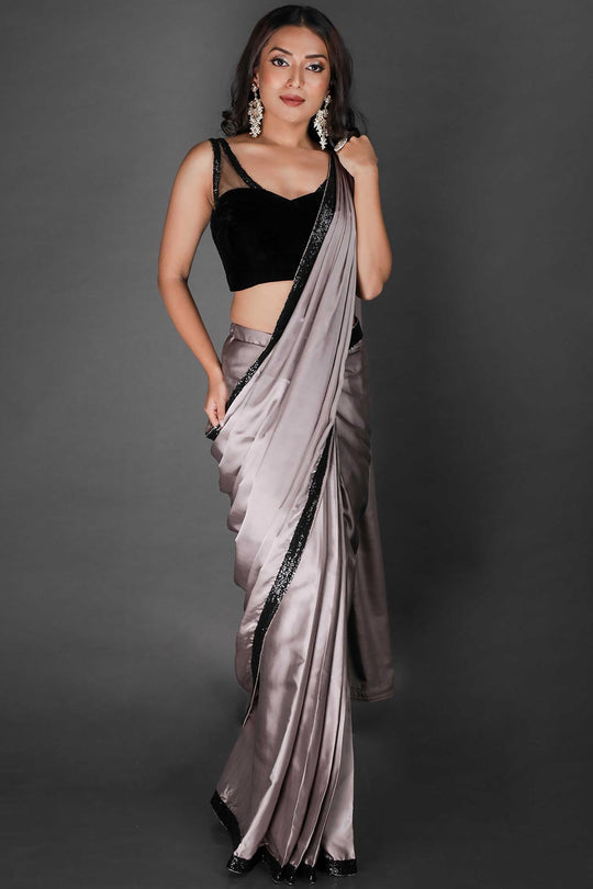 Stella Grey Satin Sequins Ready to Wear One Minute Saree