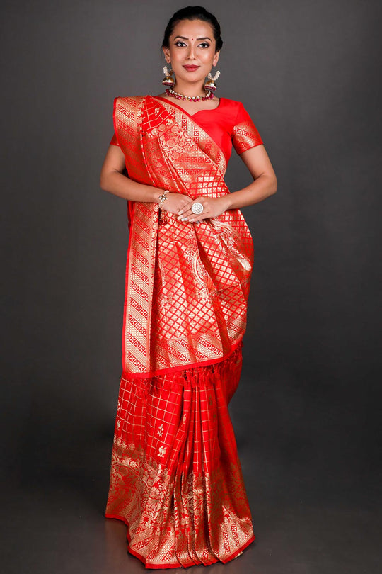 Jini Red Art Silk Zari One Minute Saree