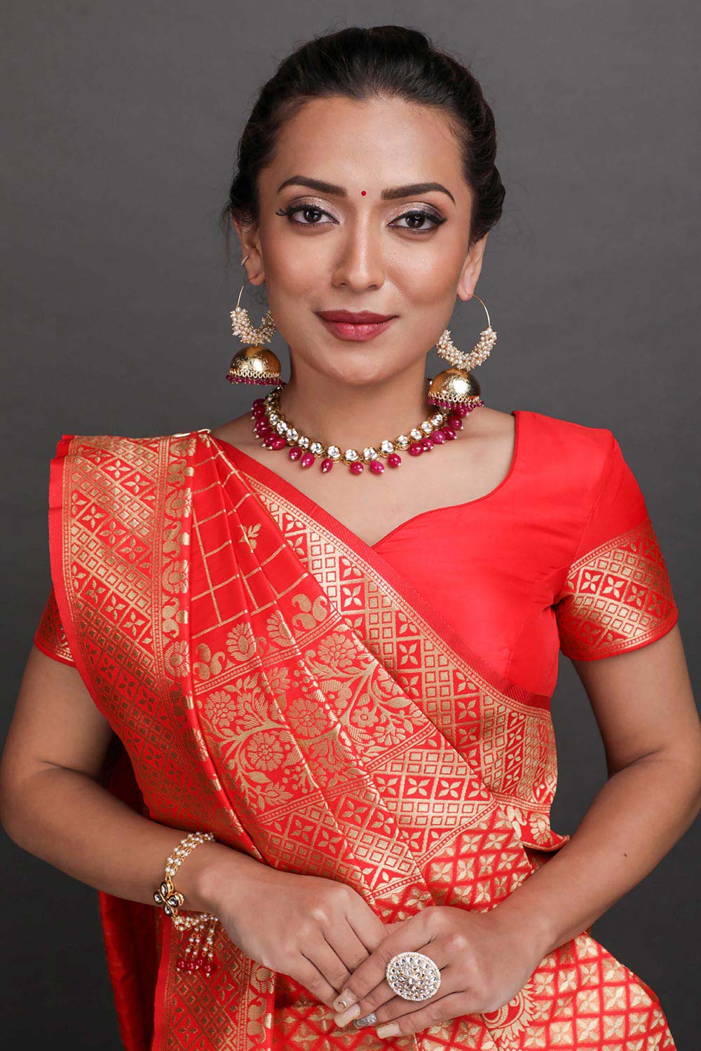 Jini Red Art Silk Zari One Minute Saree