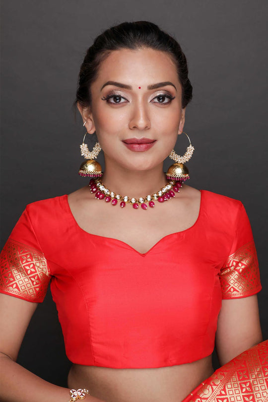 Jini Red Art Silk Zari One Minute Saree