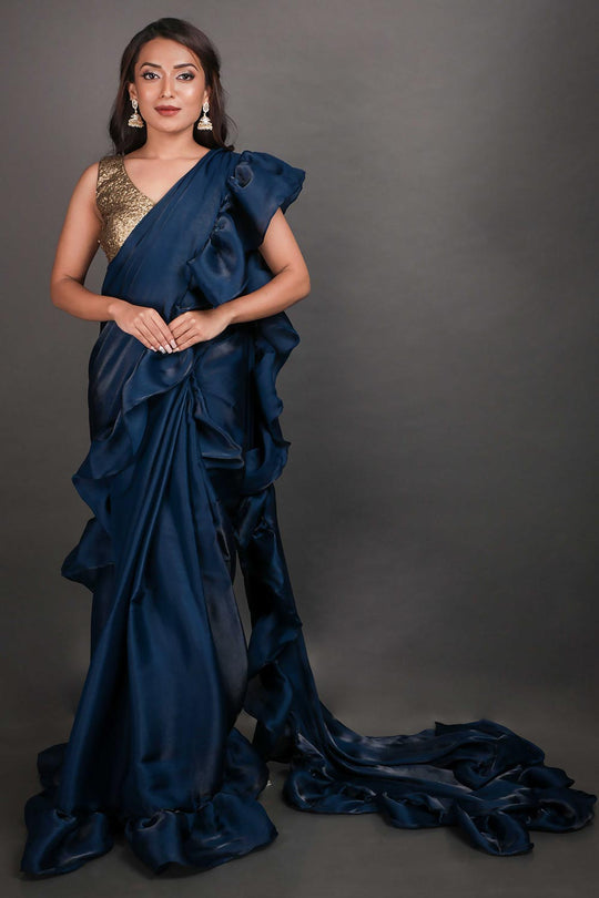 Trina Blue Organza Blend Ruffle Ready to Wear One Minute Saree