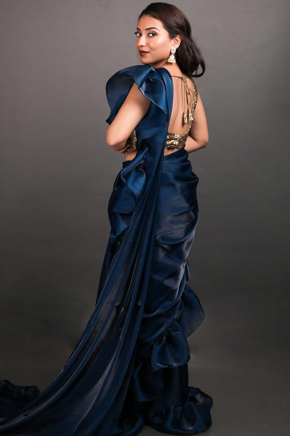 Trina Blue Organza Blend Ruffle Ready to Wear One Minute Saree