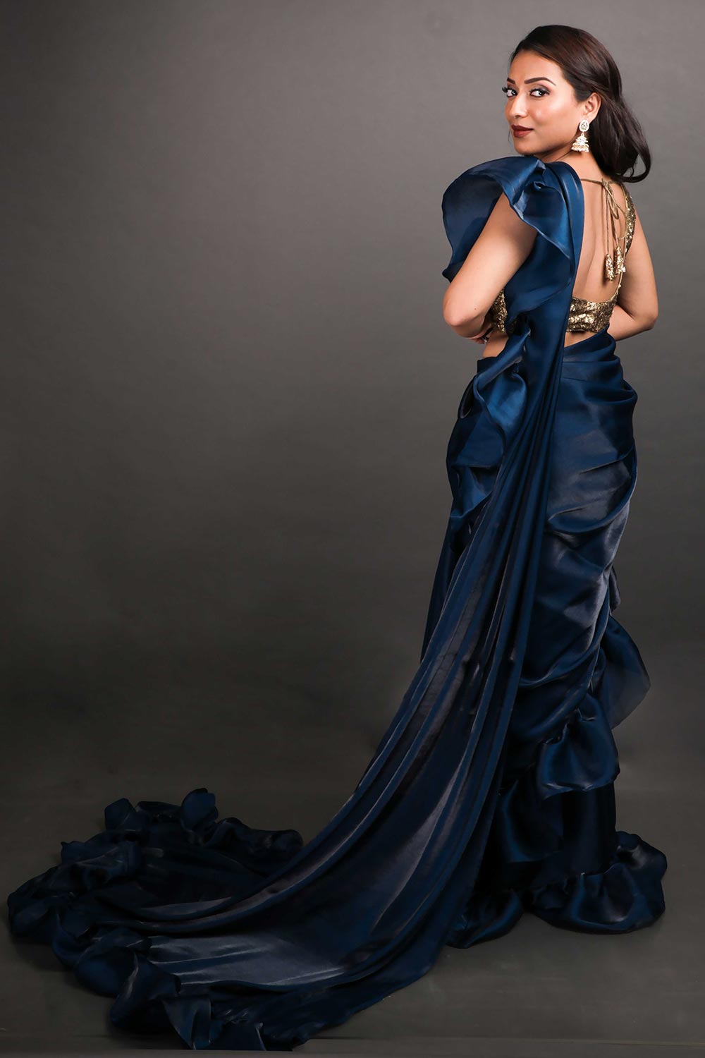 Trina Blue Organza Blend Ruffle Ready to Wear One Minute Saree