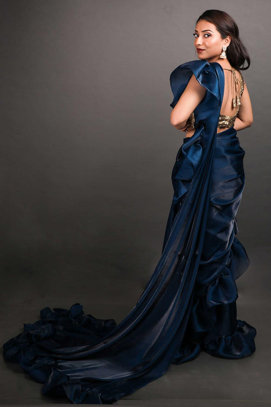 Trina Blue Organza Blend Ruffle Ready to Wear One Minute Saree
