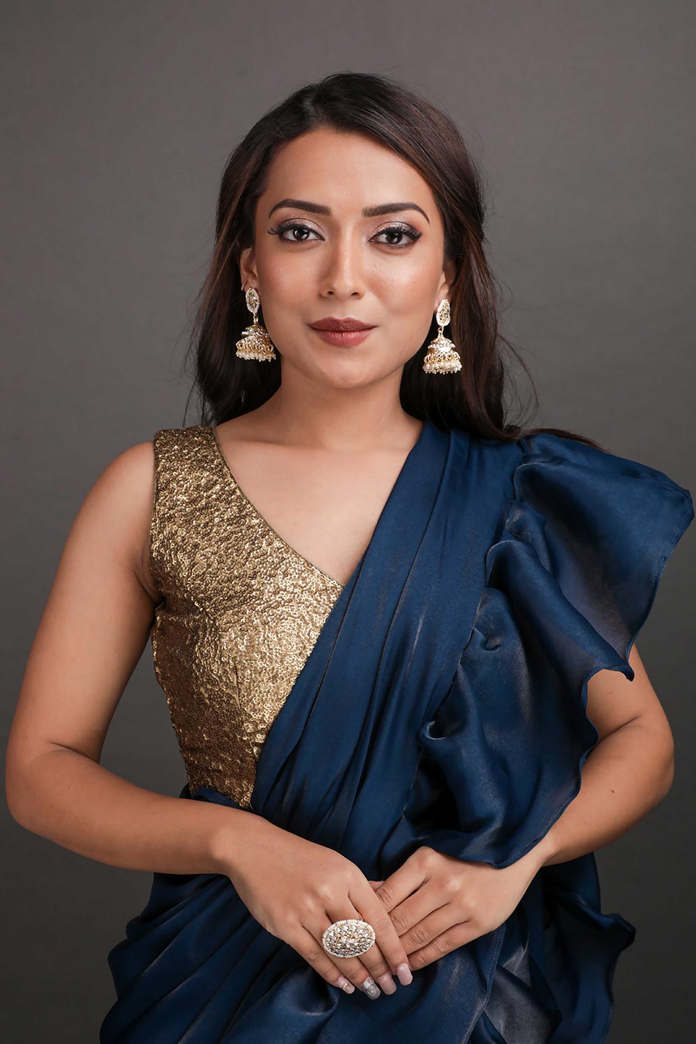 Trina Blue Organza Blend Ruffle Ready to Wear One Minute Saree