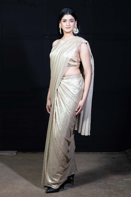 Lara Matte Gold Sequins One Minute Saree