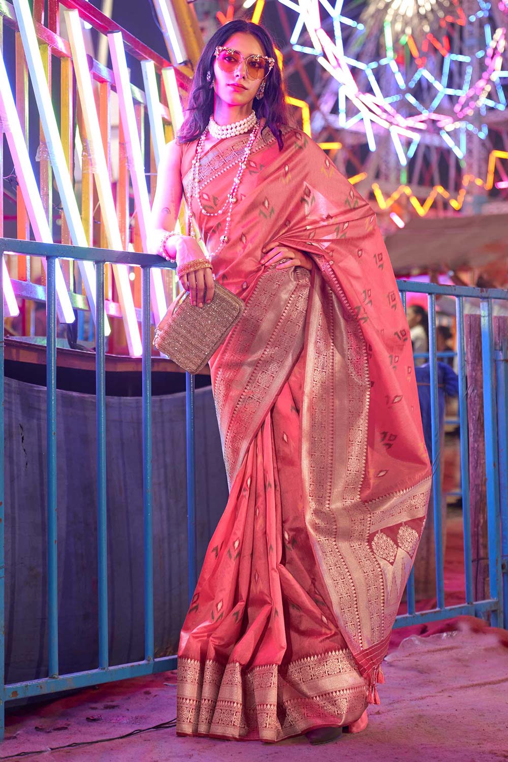 Kayla Pink Pure Silk Lace Floral One Minute Saree