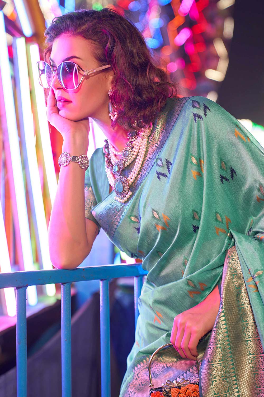 Kayla Turquoise Silk Lace Floral One Minute Saree