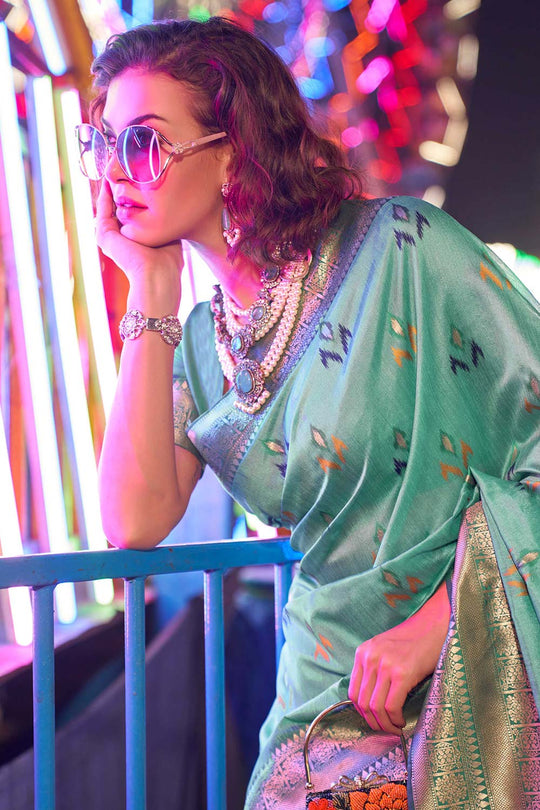 Kayla Turquoise Silk Lace Floral One Minute Saree