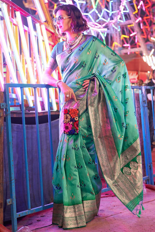 Kayla Turquoise Silk Lace Floral One Minute Saree