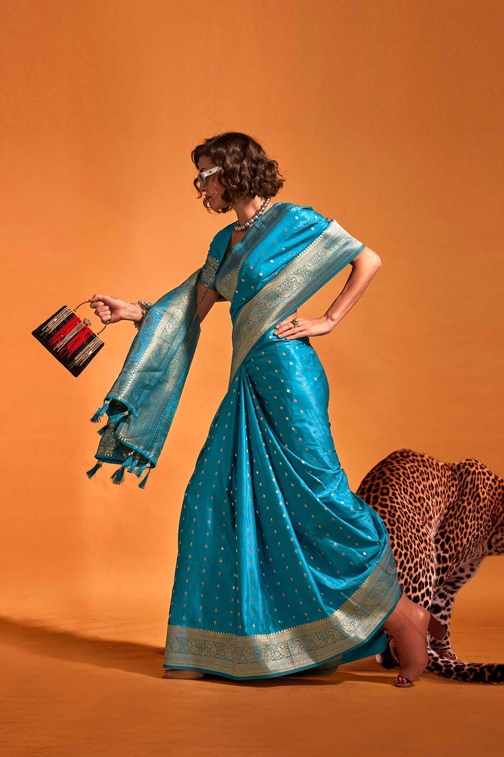 Malahi Blue Pure Satin Foil Print One Minute Saree