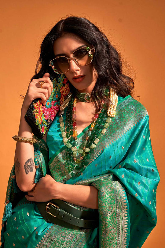 Malahi Turquoise Pure Satin Foil Print One Minute Saree