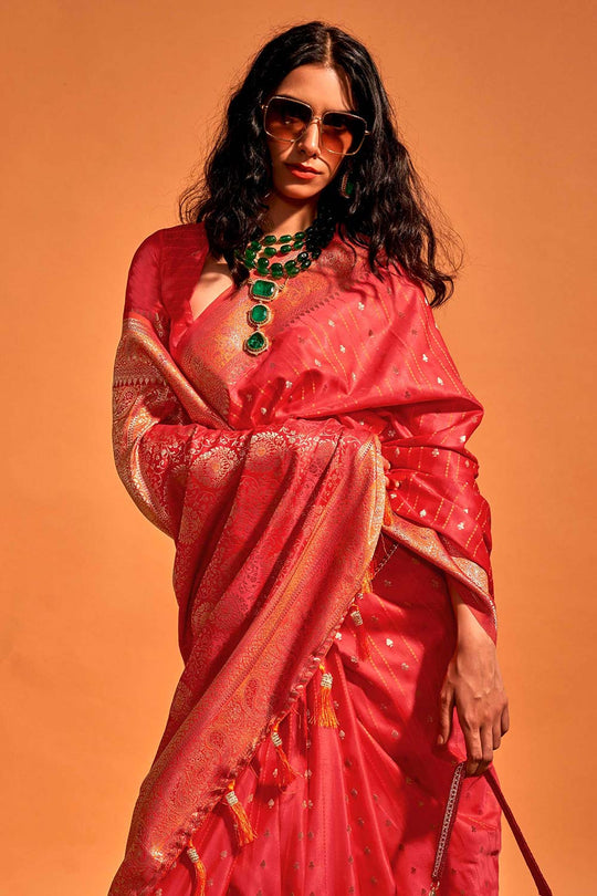 Malahi Red Pure Satin Foil Print One Minute Saree
