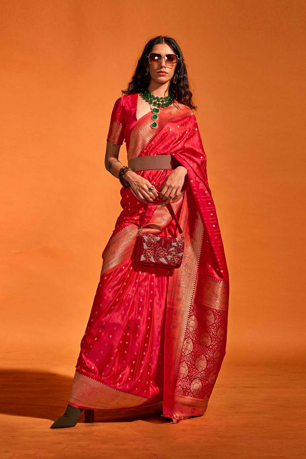 Malahi Red Pure Satin Foil Print One Minute Saree