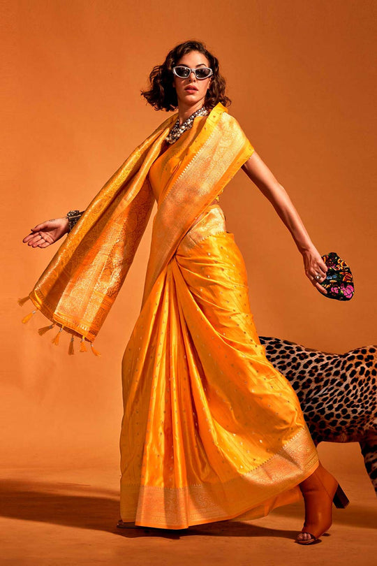 Malahi Yellow Pure Satin Foil Print One Minute Saree