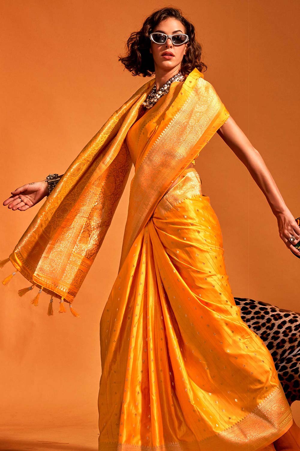 Malahi Yellow Pure Satin Foil Print One Minute Saree