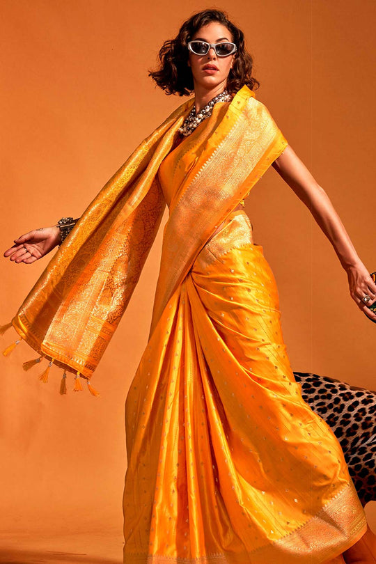 Malahi Yellow Pure Satin Foil Print One Minute Saree