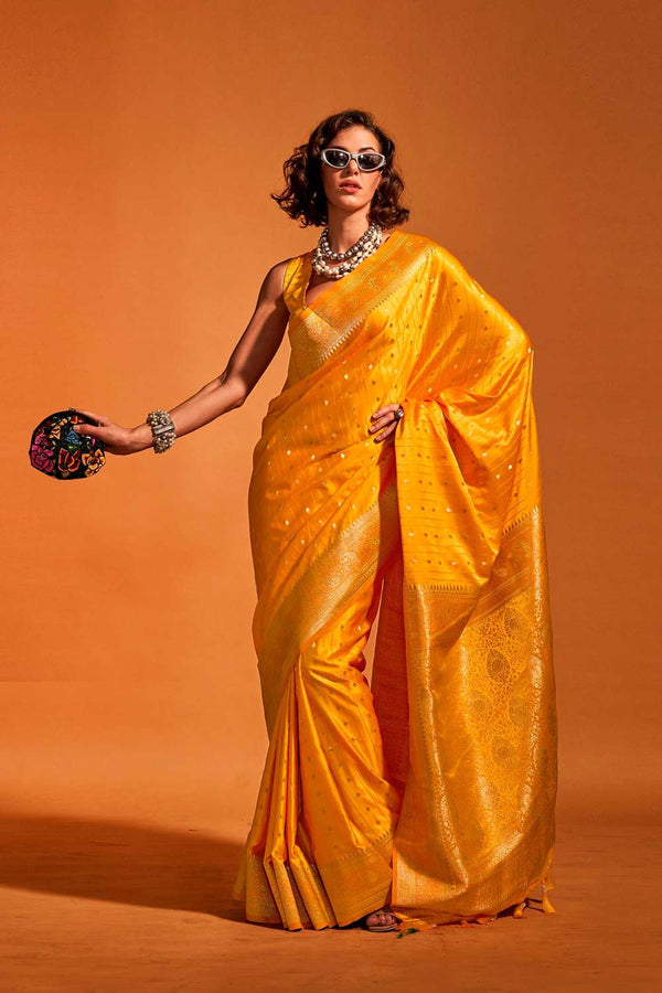 Malahi Yellow Pure Satin Foil Print One Minute Saree