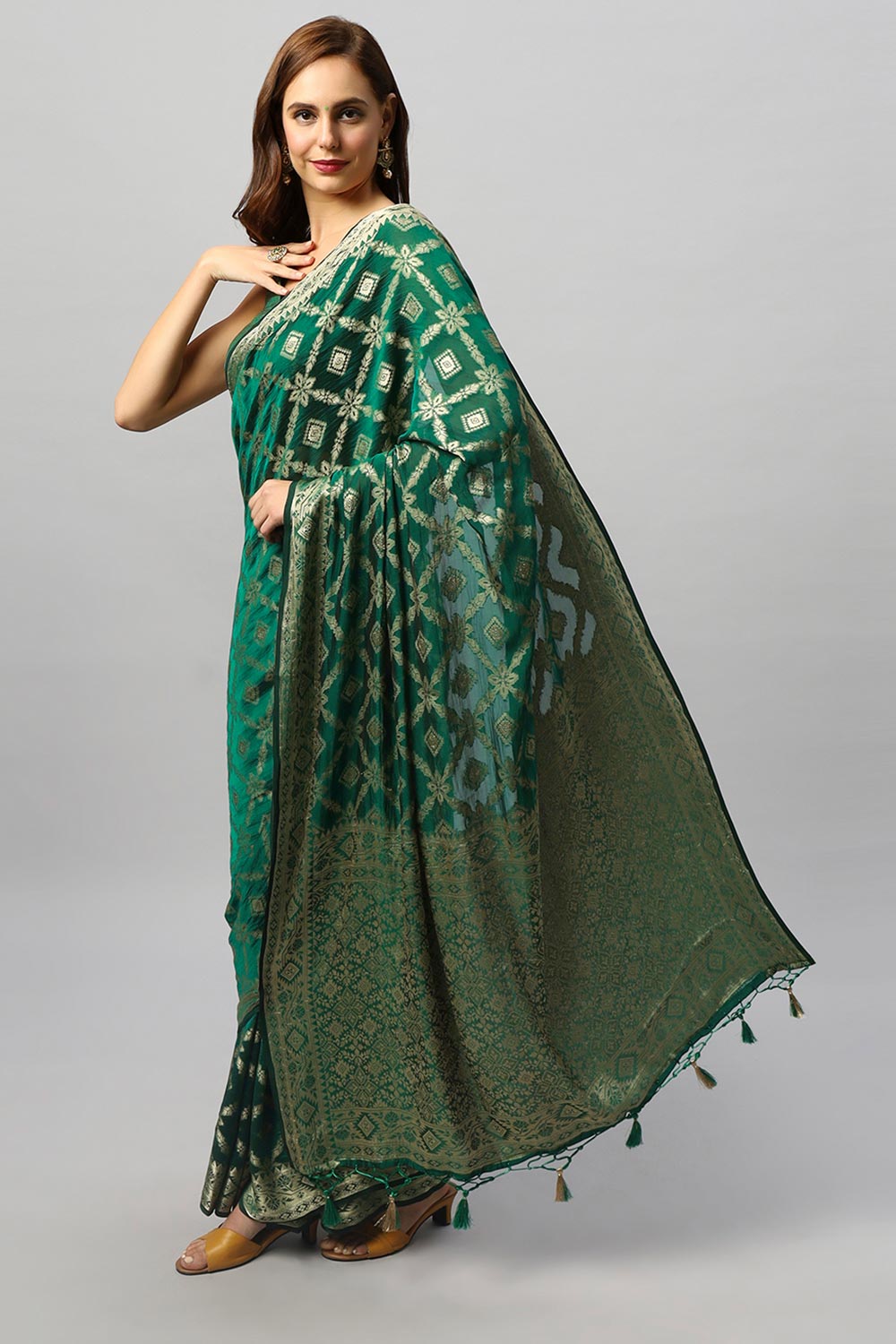 Anisa Green Georgette Banarasi Woven Ready to Wear One Minute Saree