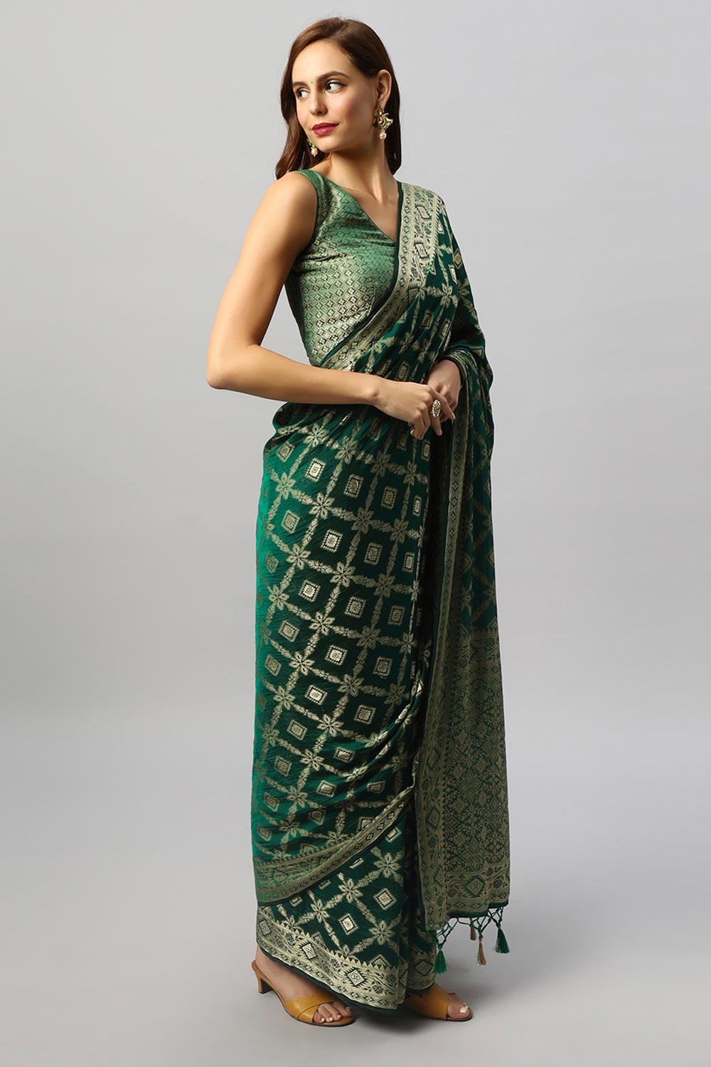 Anisa Green Georgette Banarasi Woven Ready to Wear One Minute Saree