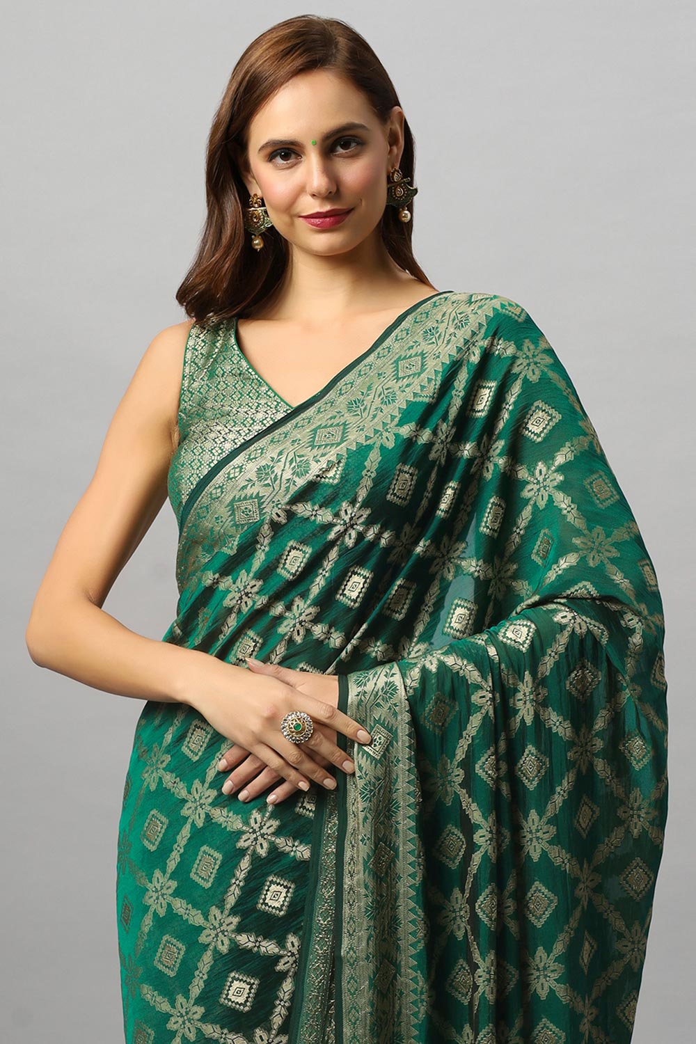 Anisa Green Georgette Banarasi Woven Ready to Wear One Minute Saree