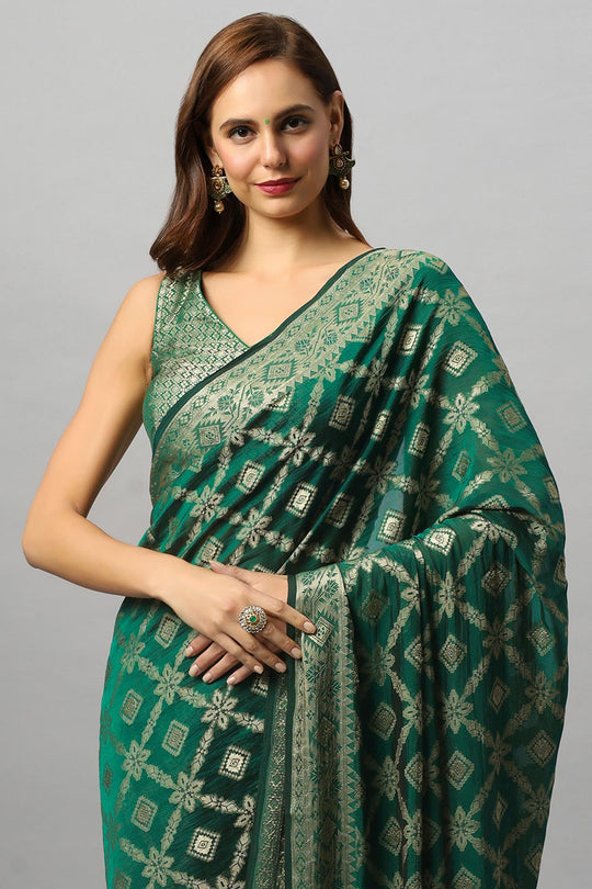 Anisa Green Georgette Banarasi Woven Ready to Wear One Minute Saree