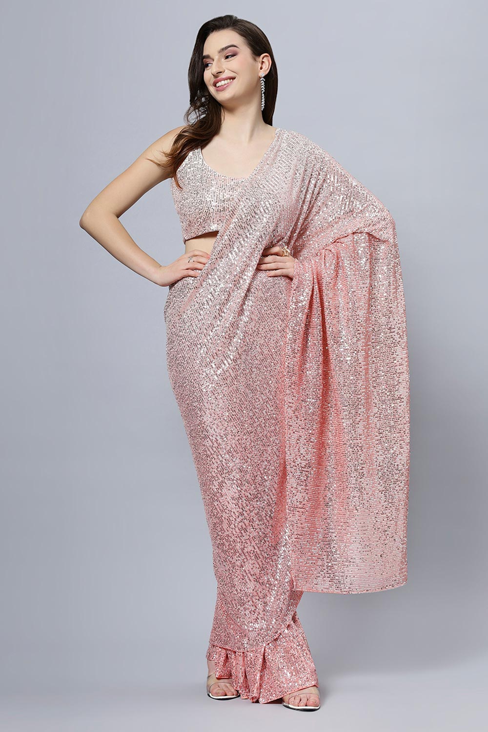 Ellie Luxe Peach Ombre Sequin One Minute Saree
