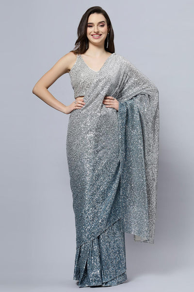 Madelyn Luxe Steel Blue Ombre Sequin One Minute Saree