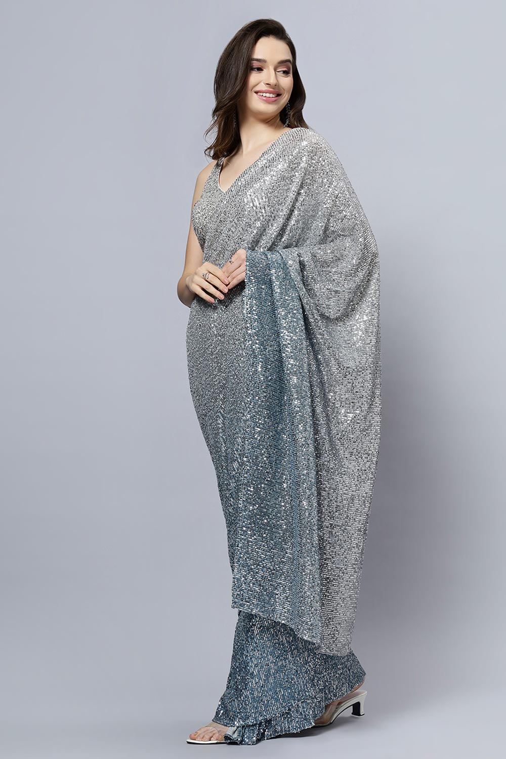 Madelyn Luxe Steel Blue Ombre Sequin One Minute Saree