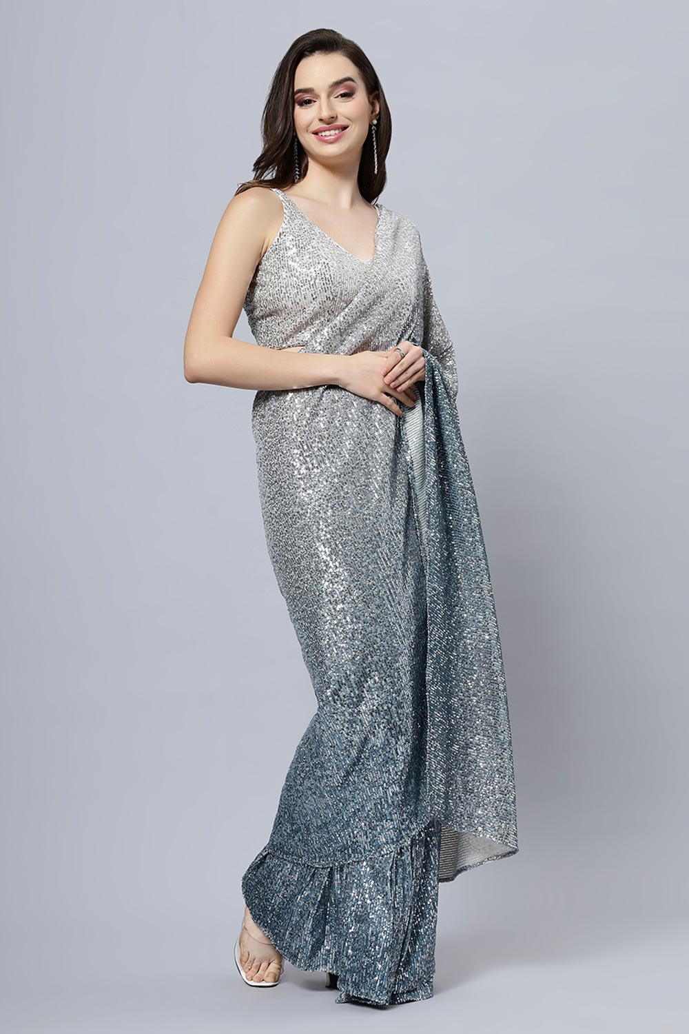 Madelyn Luxe Steel Blue Ombre Sequin One Minute Saree