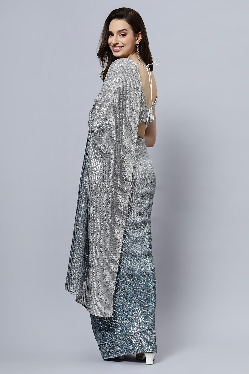 Madelyn Luxe Steel Blue Ombre Sequin One Minute Saree