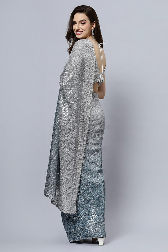 Madelyn Luxe Steel Blue Ombre Sequin One Minute Saree
