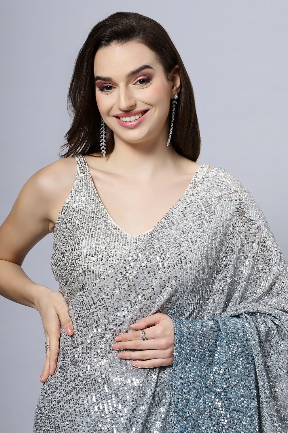 Madelyn Luxe Steel Blue Ombre Sequin One Minute Saree